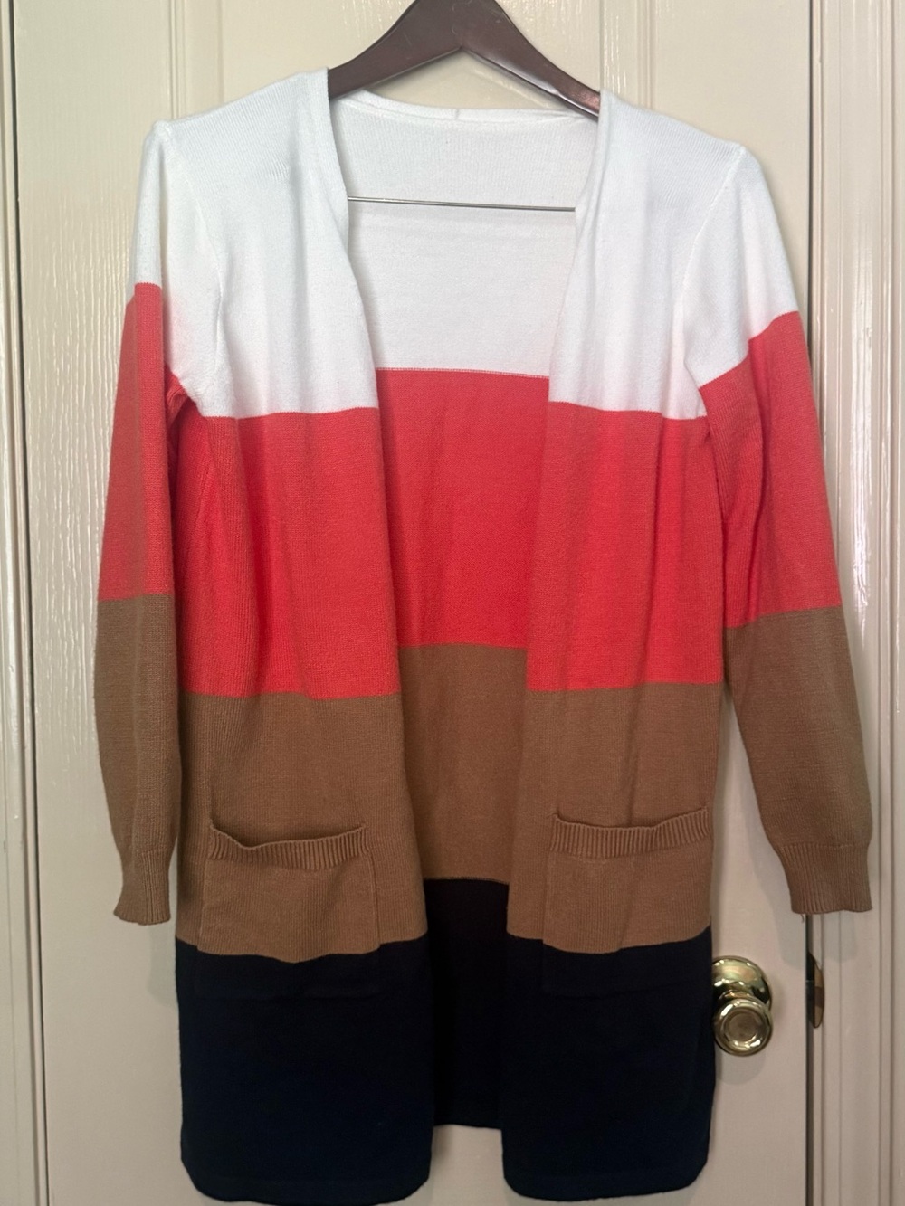 Amazon Colorblock Open-Front Long Cardigan Sweater - White, Coral, Brown, Navy